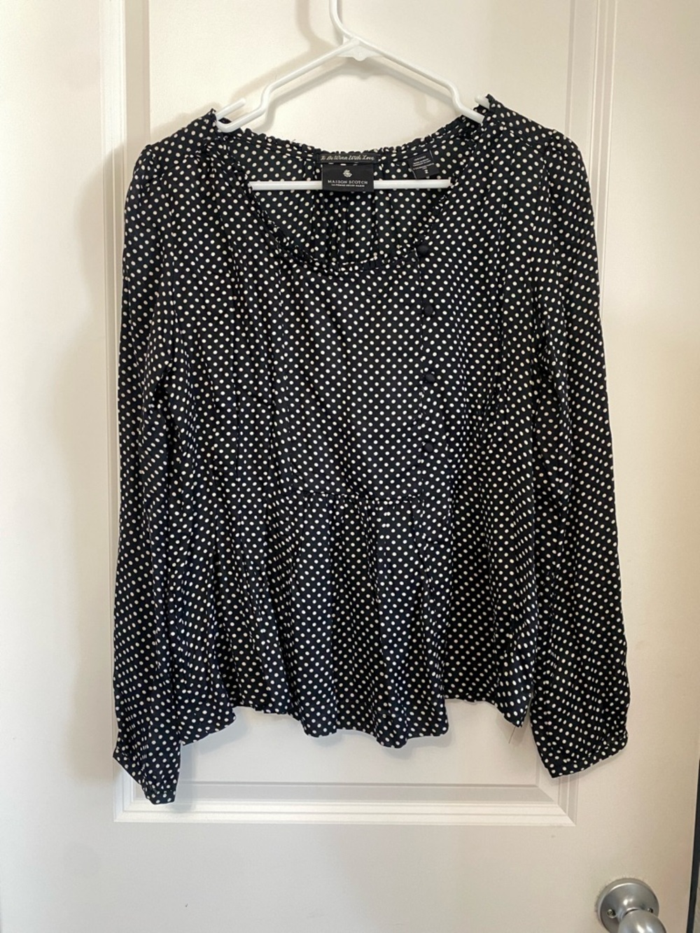 Scotch & Soda Black and White Polka Dot Long Sleeve Peplum Blouse